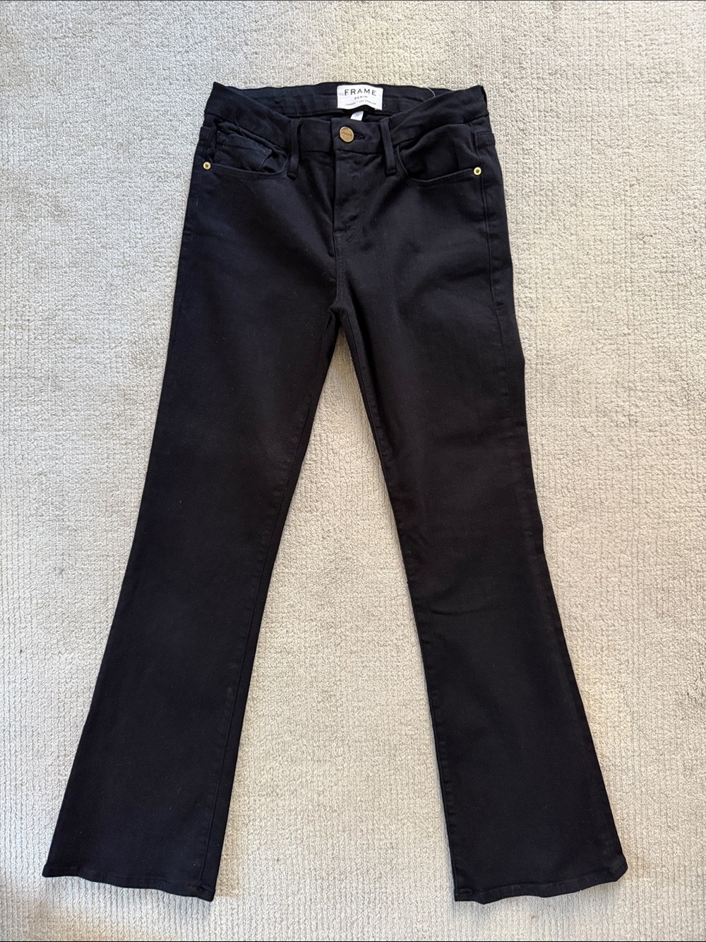 Frame Denim Black Flare Jeans with Gold Hardware Accents